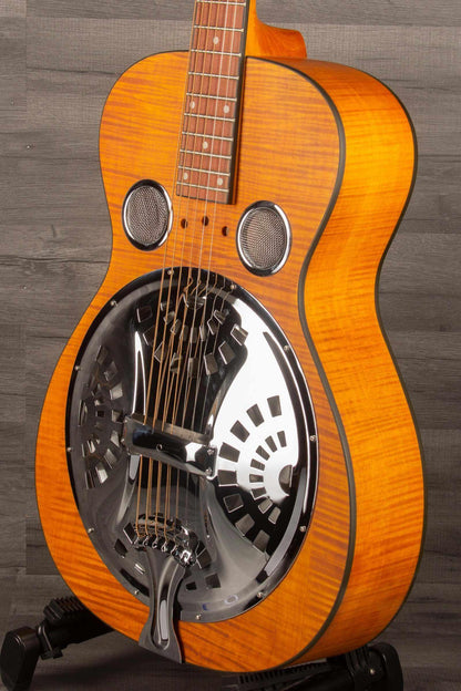 Epiphone Dobro Hound Dog Deluxe Round Neck resonator guitar with a flame maple body and chrome finish.