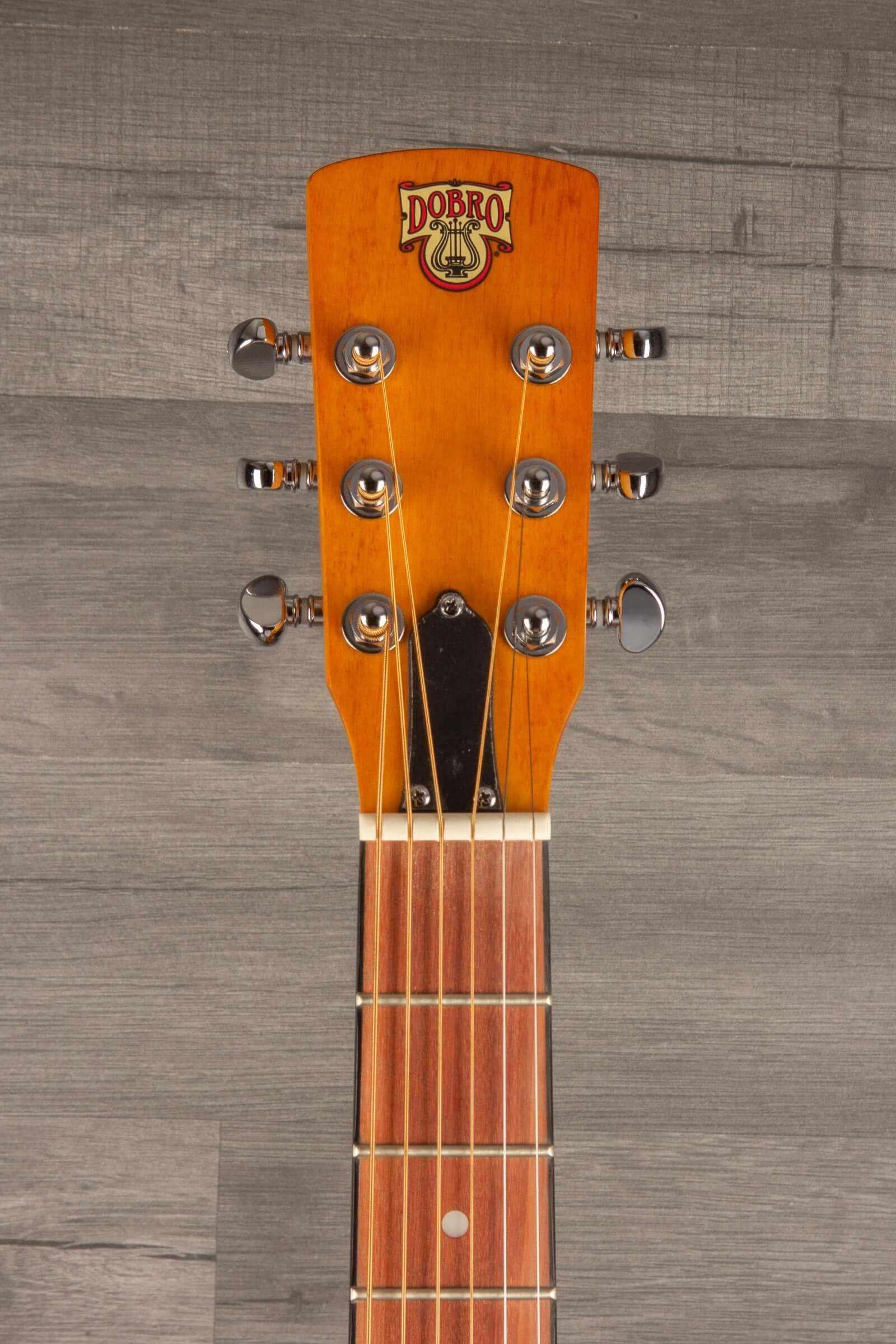 Epiphone Dobro Hound Dog Deluxe Round Neck headstock showing tuning pegs and logo.