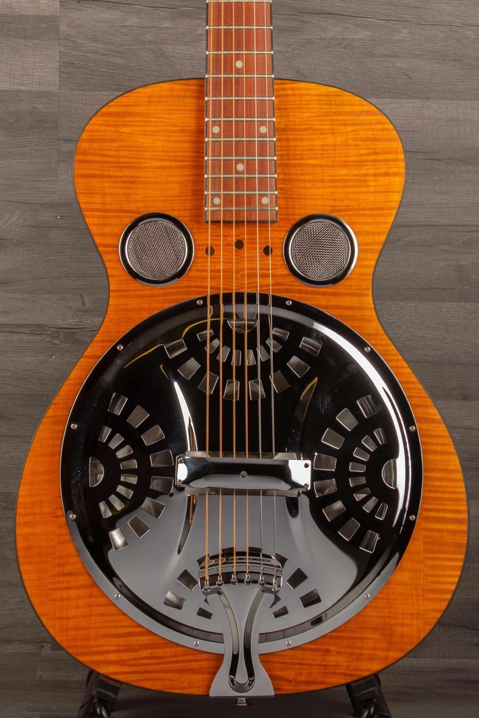 Epiphone Dobro Hound Dog Deluxe Round Neck resonator guitar featuring flame maple body and unique design.