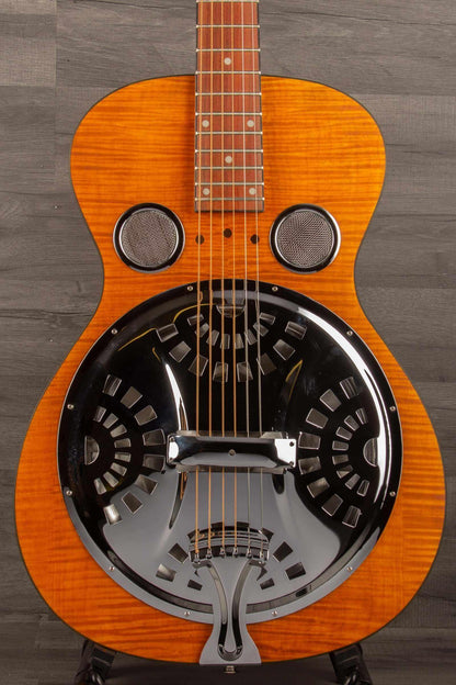 Epiphone Dobro Hound Dog Deluxe Round Neck resonator guitar featuring flame maple body and unique design.