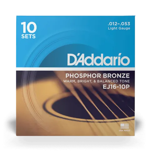 D'Addario EJ16 Phosphor Bronze 12-53 Acoustic Guitar Strings 10 Pack