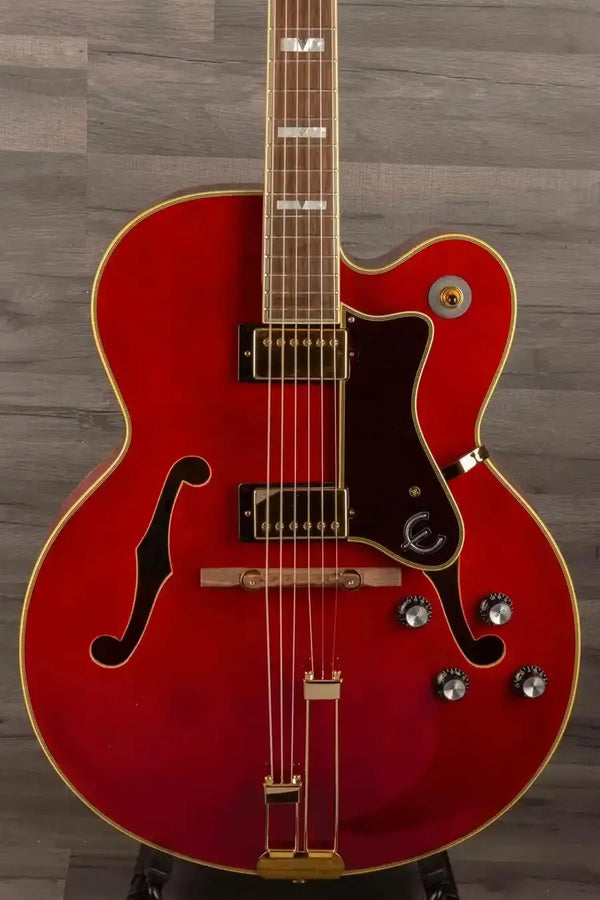Epiphone Broadway Electric Guitar - Wine Red, Includes Premium Gig Bag viewed from the front with visible details.