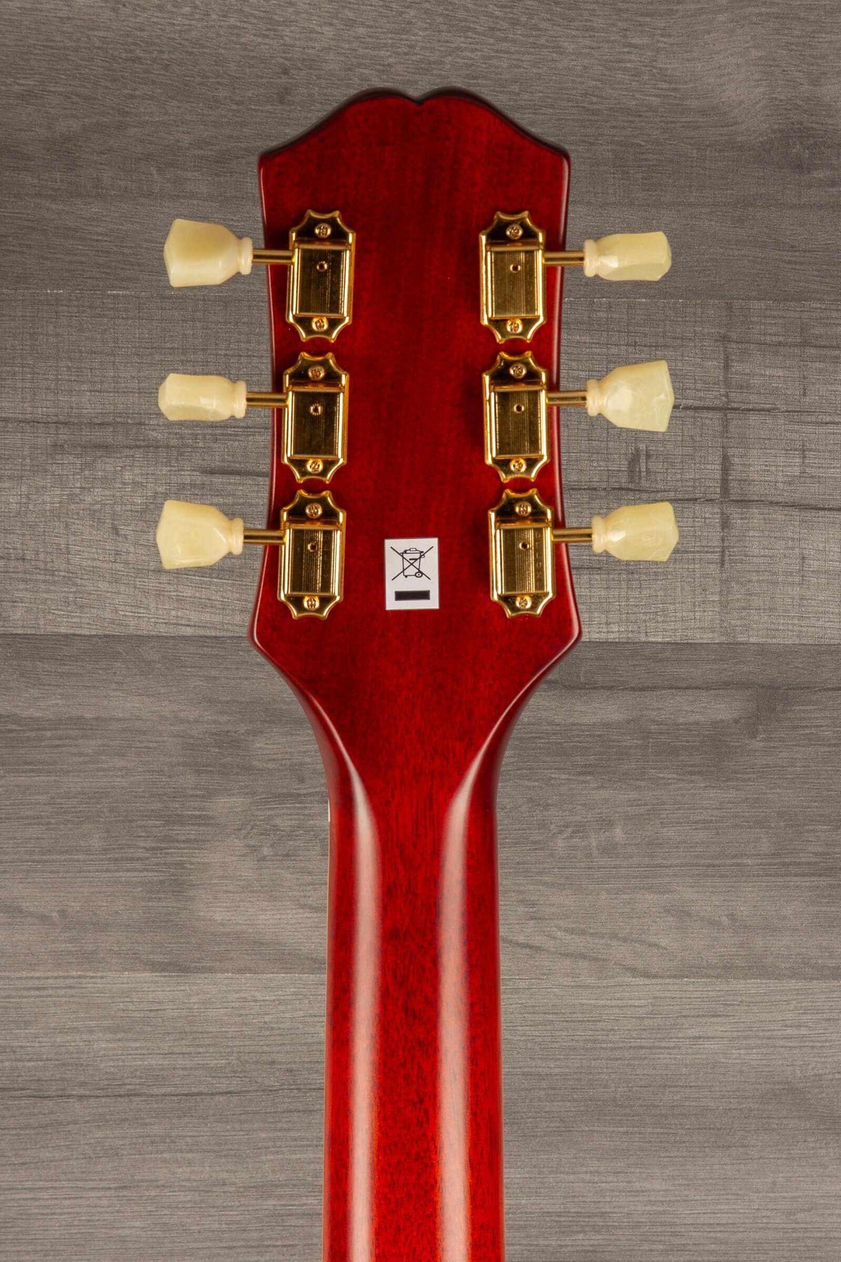 Back view of the headstock of Epiphone Inspired by Gibson Hummingbird all Solid / Fishman Sonitone - Cherry sunburst gloss guitar.