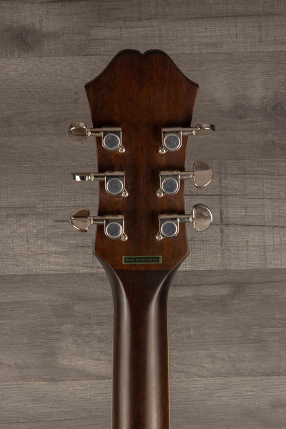 Epiphone J45 Studio Solid Top - Natural, Acoustic Guitar headstock with tuning pegs on a wooden background.