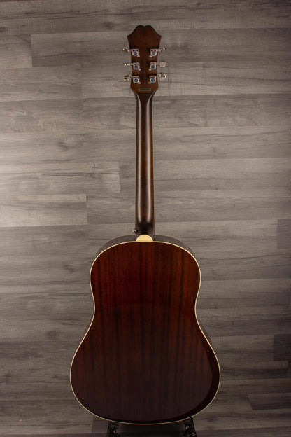 Epiphone J45 Studio Solid Top - Natural, Acoustic Guitar back view showcasing solid mahogany craftsmanship.