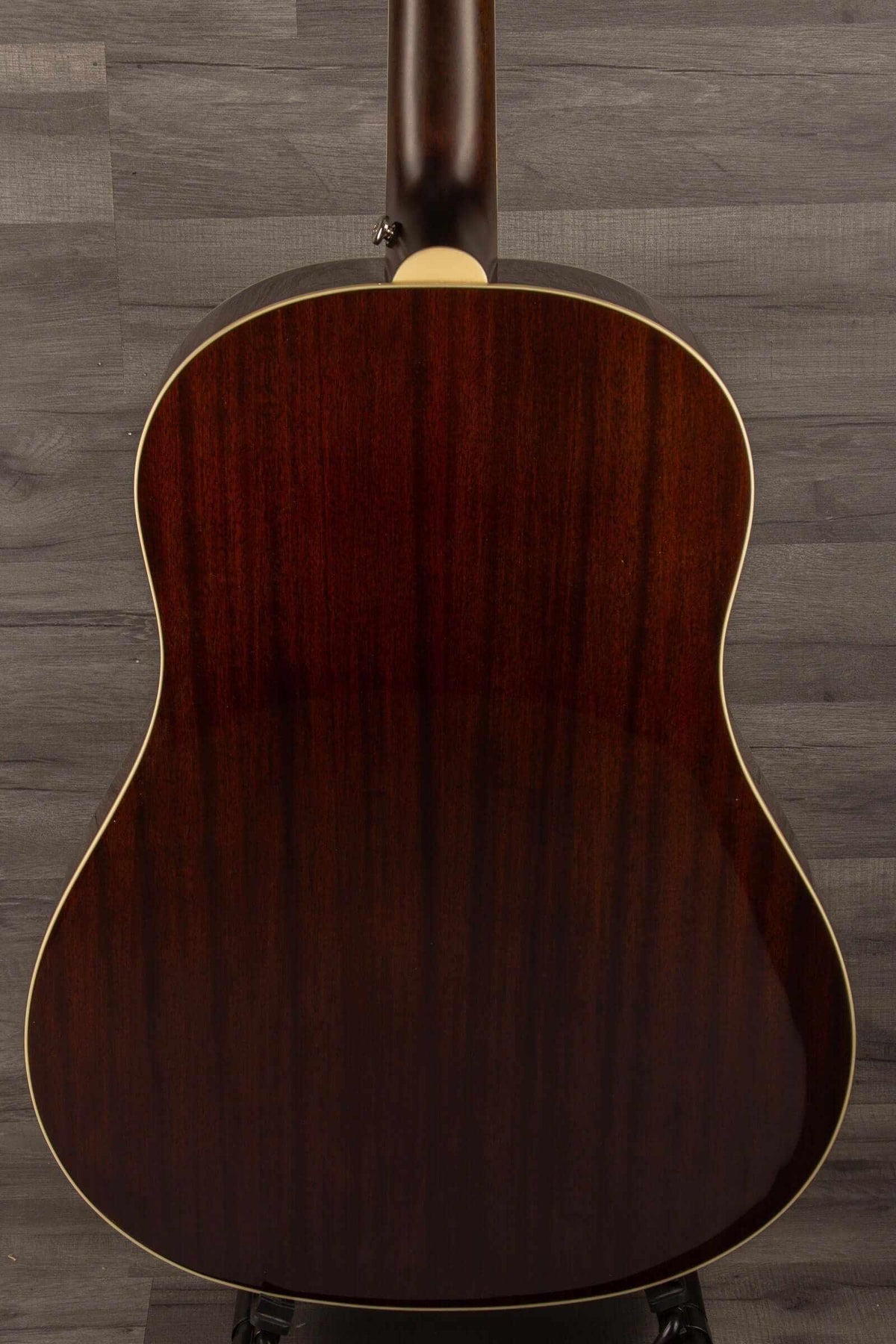 Back view of Epiphone J45 Studio Solid Top - Natural, Acoustic Guitar showcasing its beautiful wood finish.