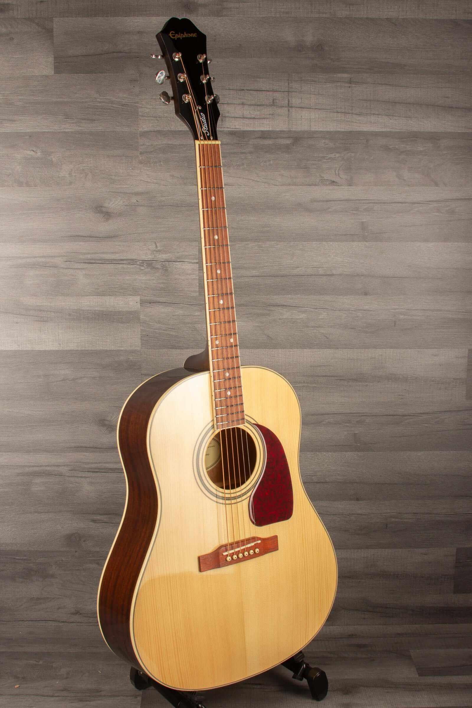 Epiphone J45 Studio Solid Top - Natural, Acoustic Guitar showcased on display.