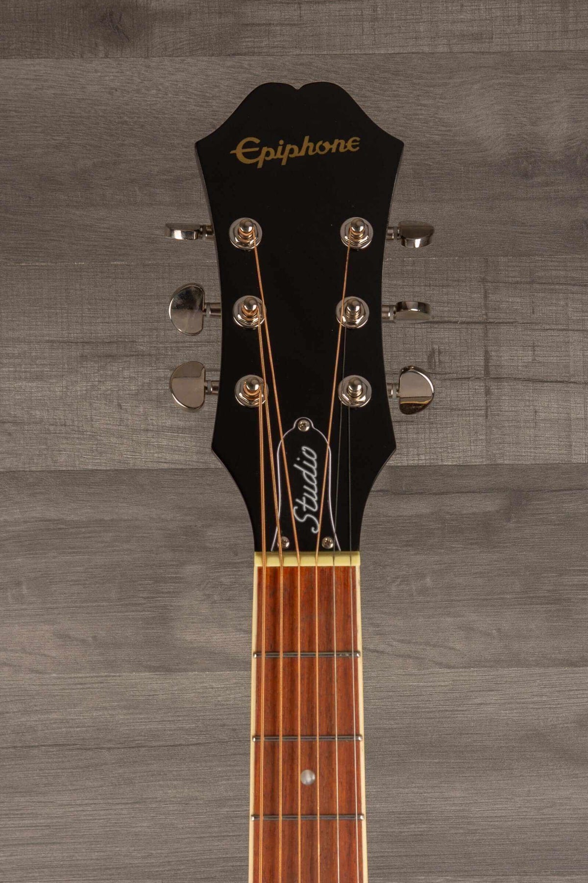 Epiphone J45 Studio Solid Top - Natural, Acoustic Guitar headstock with tuning pegs and logo.
