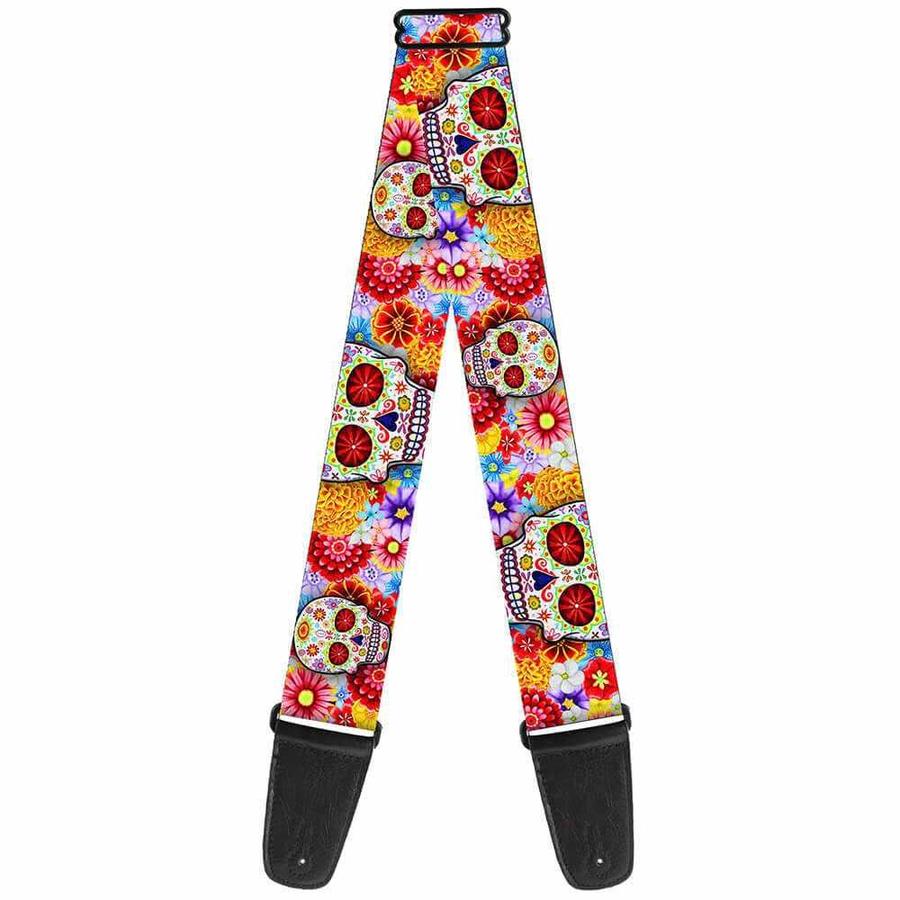 Buckle Down Strap - Sugar Skull Starburst White featuring colorful sugar skulls and flowers design.