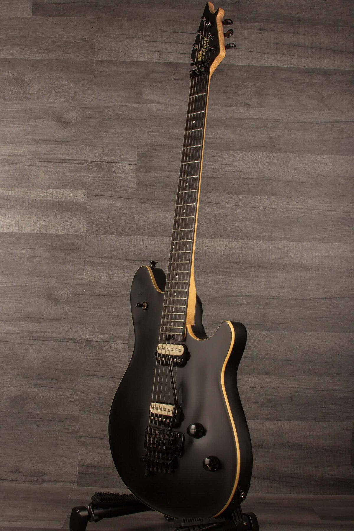 USED - EVH Wolfgang Special Stealth - Black (inc EVH hard case) on display, showcasing its sleek design and matte finish.