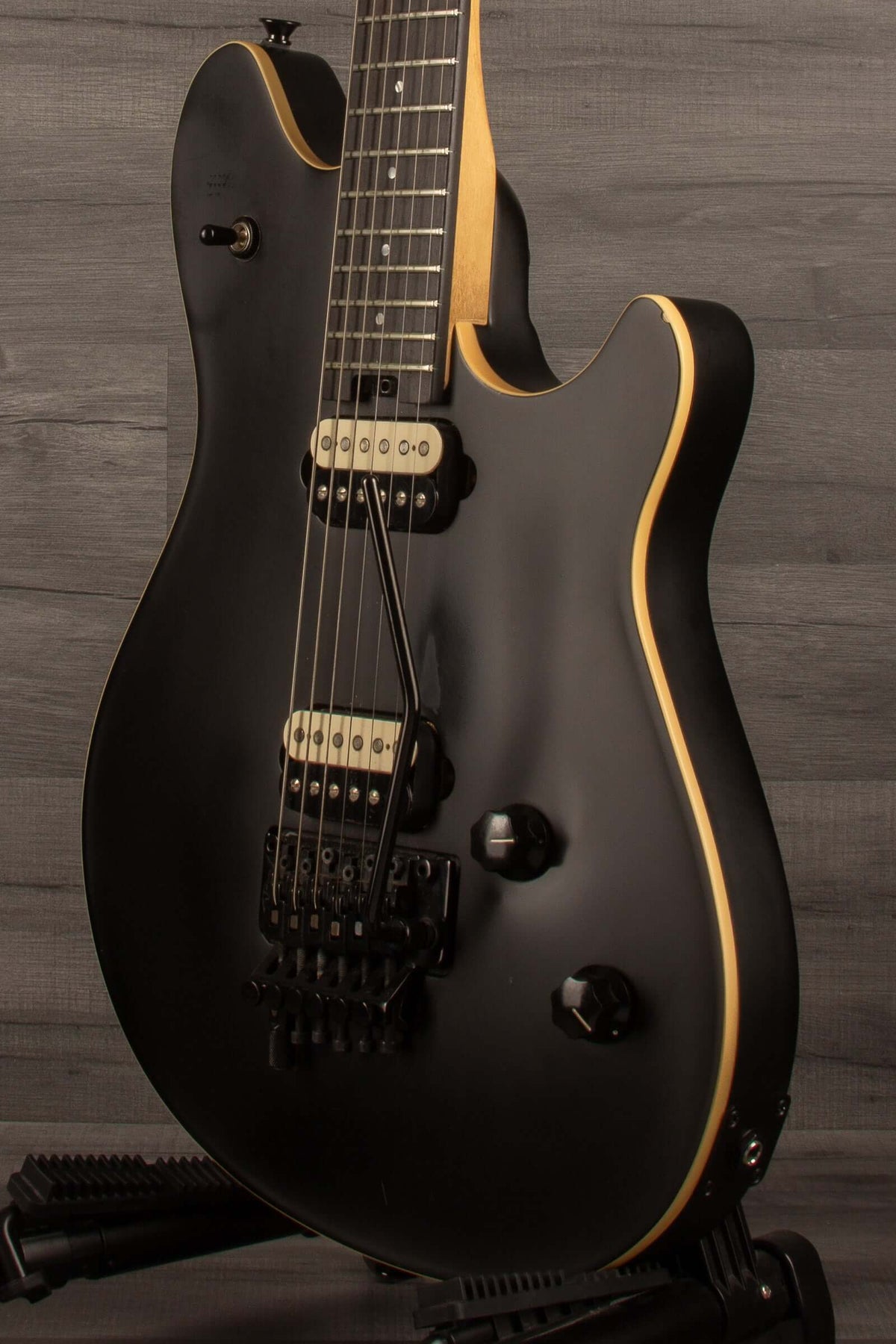 USED - EVH Wolfgang Special Stealth - Black (inc EVH hard case) side view, showcasing matte finish and pickups.