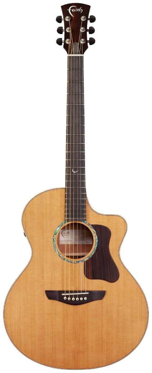 Faith LEGACY Mahogany Series Neptune CE Inc Case guitar with Sitka Spruce top and unique acoustic body shape.