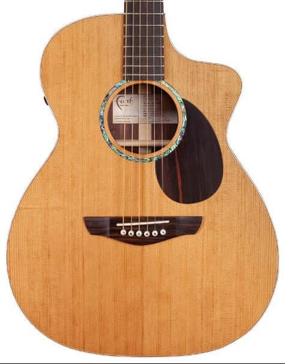 Faith LEGACY Rosewood Series Earth CE Inc Case acoustic guitar front view with Sitka Spruce top.