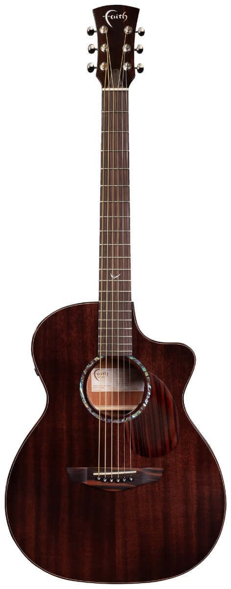 Faith LEGACY Dark Roast Series Earth CE Inc Case acoustic guitar front view, showcasing its Solid African Mahogany body.