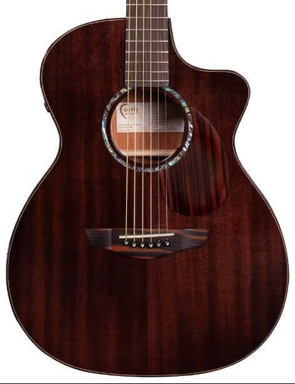 Faith LEGACY Dark Roast Series Earth CE Inc Case featuring Solid African Mahogany body and OM Cutaway design.
