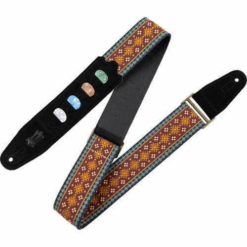 Levy's Vintage Hootenanny Series Guitar Strap - Aztec red (with pick holder) featuring a colorful design and adjustable length.