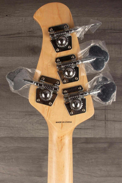 Sterling Stingray Intro series RAY2 Bass Guitar - Black headstock with tuning pegs and protective covers.