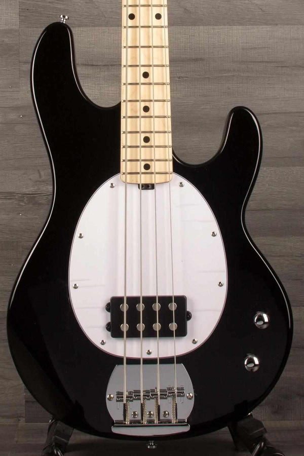 Sterling Stingray Intro series RAY2 Bass Guitar - Black front view showcasing its sleek design and features.