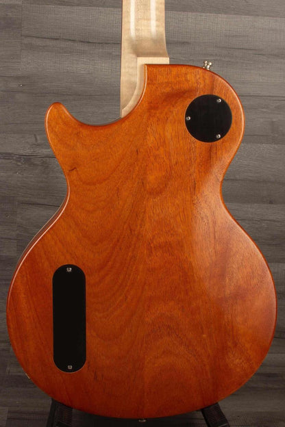 Used Nik Huber Krauster II Worn Goldtop guitar back view, showing beautiful wood grain and hardware details.