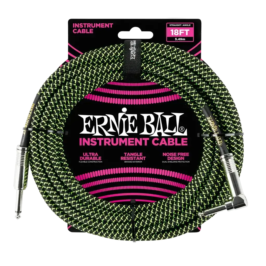 Ernie Ball Angled Guitar Cable Black/Green - 18 Ft