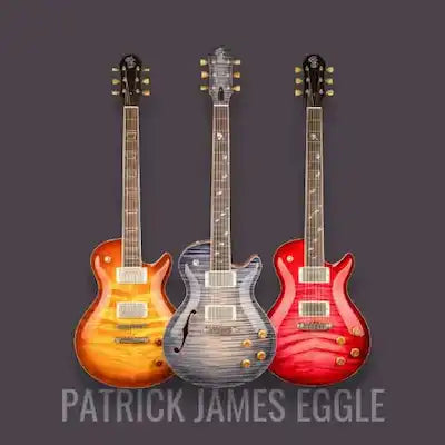 Three electric guitars in different colors on a dark background with 'Patrick James Eggle' branding.