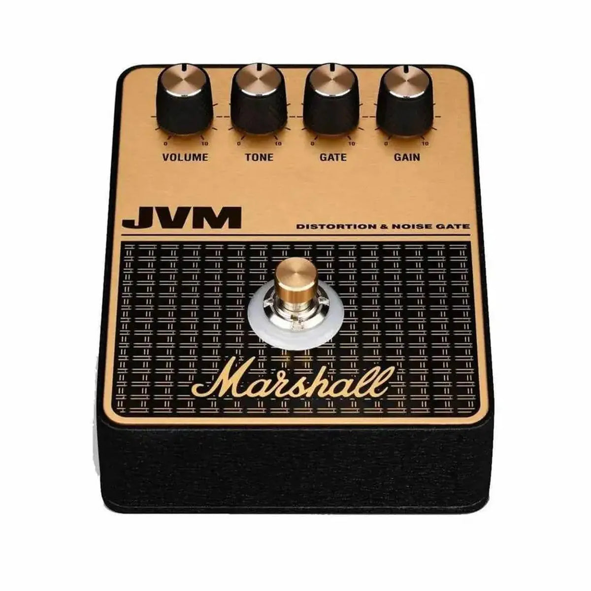 Marshall JVM distortion pedal with volume, tone, gate, and gain controls.