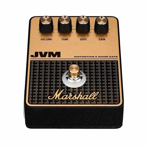 Marshall JVM distortion pedal with volume, tone, gate, and gain controls.