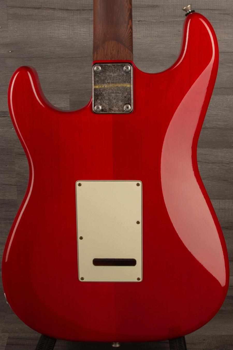 Schecter Nick Johnston Trad Flame Top Wembley Nitro USA Atomic Fire guitar back view with a glossy red finish.