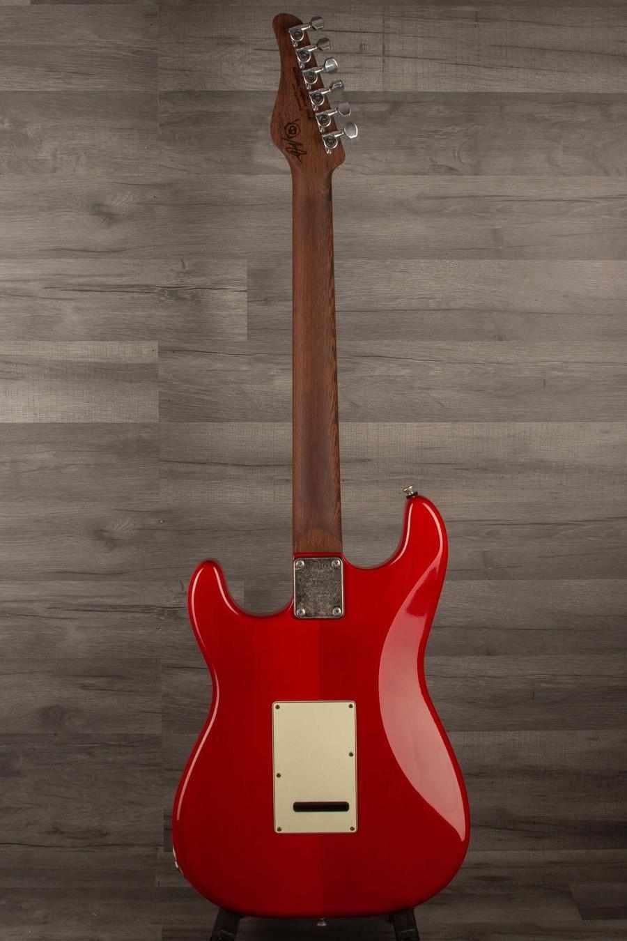 Back view of Schecter Nick Johnston Trad Flame Top Wembley Nitro USA in Atomic Fire finish, showcasing its alder body and wenge neck.