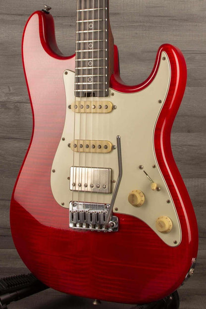 Schecter Nick Johnston Trad Flame Top Wembley Nitro USA in Atomic Fire finish with flamed maple top and silver ring inlays.