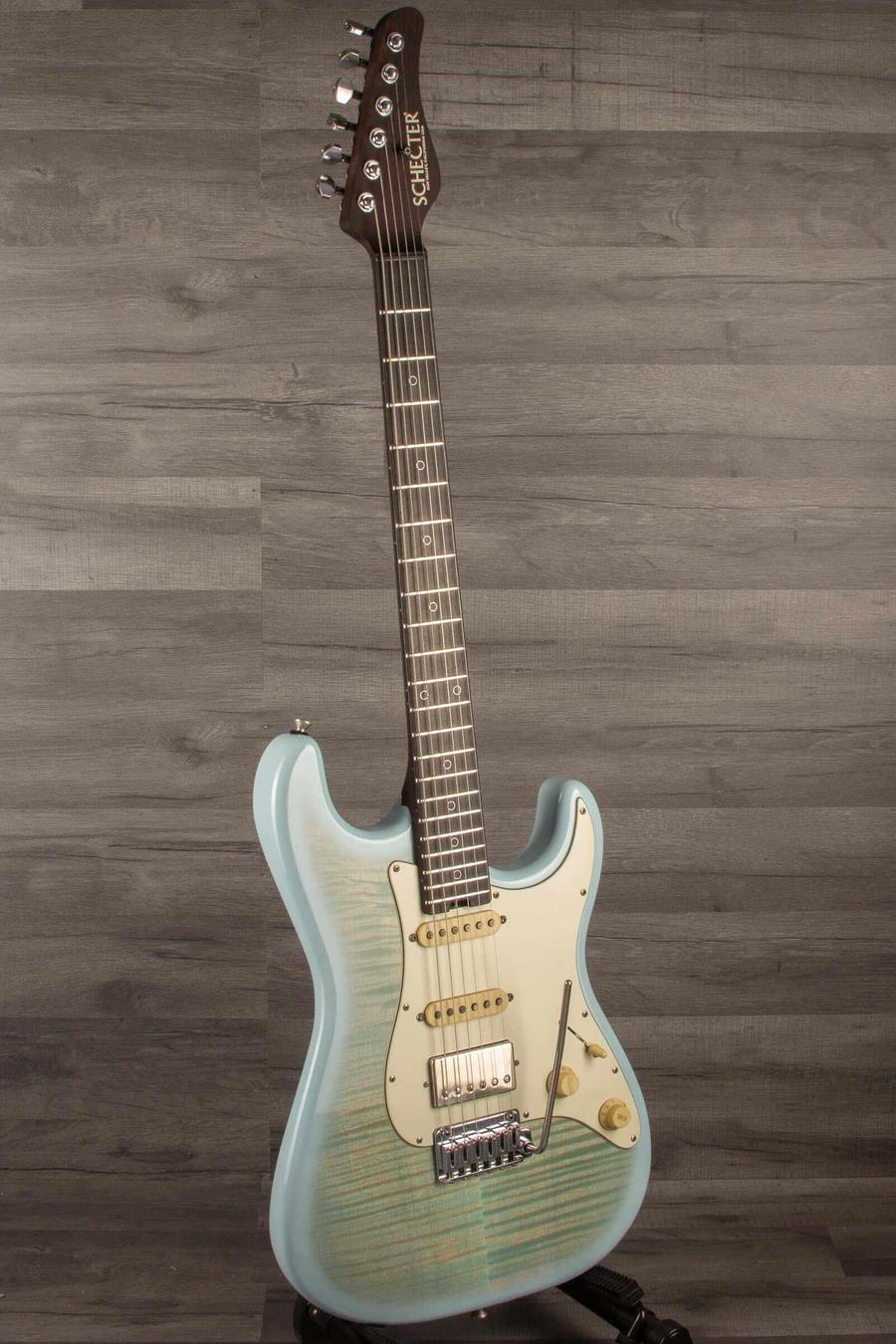 Schecter Nick Johnston Trad Flame Top Wembley Nitro USA - Atomic Ice with flamed maple top and Macassar ebony fretboard.