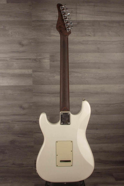 Back view of Schecter USA Nick Johnson trad Wembley guitar in Atomic Snow finish with wenge neck.