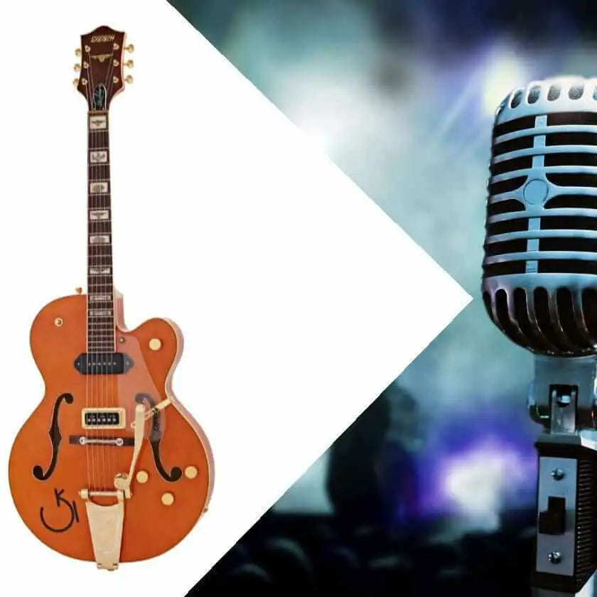 Electric guitar and vintage microphone against a concert backdrop, symbolizing music performance and artistry.