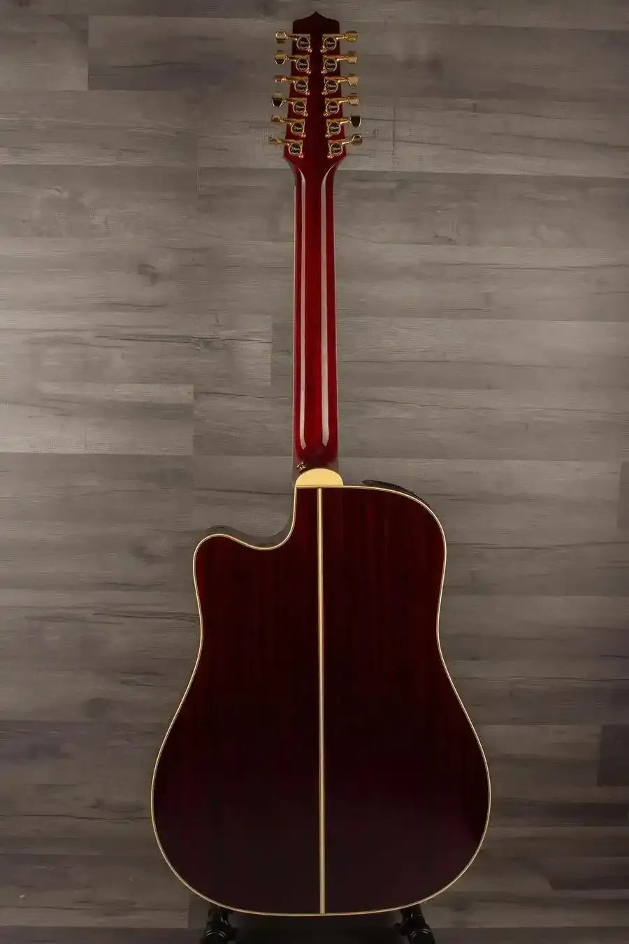 Back view of Takamine JJ325SRCL-12 John Jorgenson 12 string acoustic guitar showcasing its elegant design.