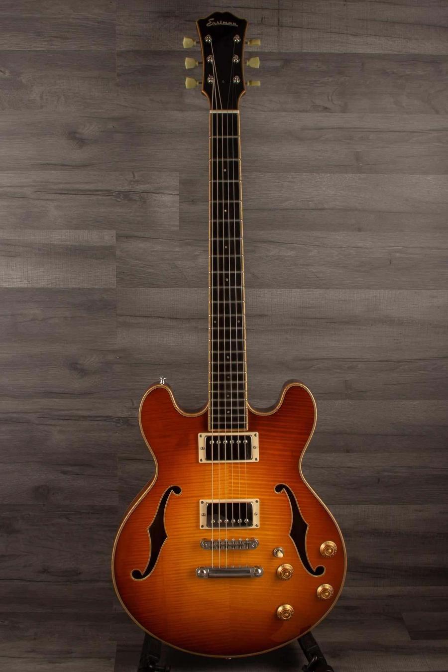 USED - Eastman T184MX - GoldBurst with original hard case & certificate, showcasing semi-hollow construction.