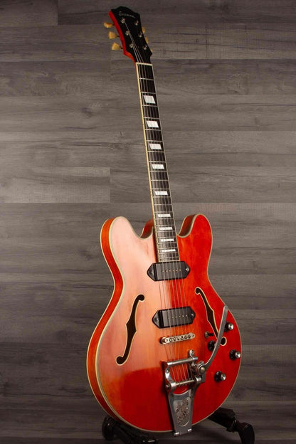 USED - Eastman T64/V Antique Varnish electric guitar with red finish, dual P-90 pickups and classic design.