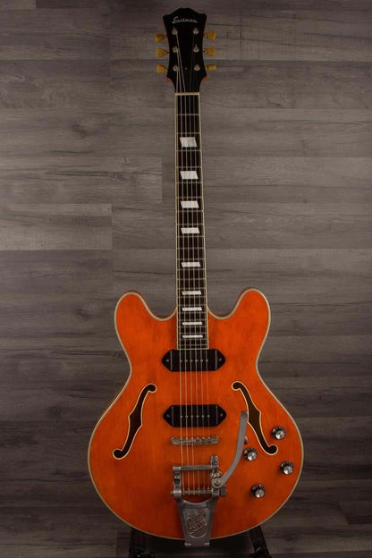 USED - Eastman T64/V Antique Varnish showcasing a thinline design with an Antique Varnish finish and dual dog eared P-90's.