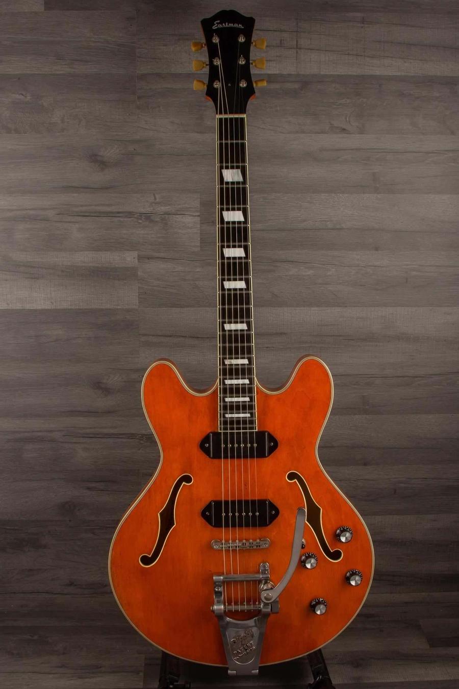 USED - Eastman T64/V Antique Varnish showcasing a thinline design with an Antique Varnish finish and dual dog eared P-90's.