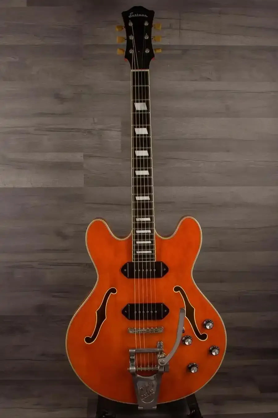 USED - Eastman T64/V Antique Varnish showcasing a thinline design with an Antique Varnish finish and dual dog eared P-90's.