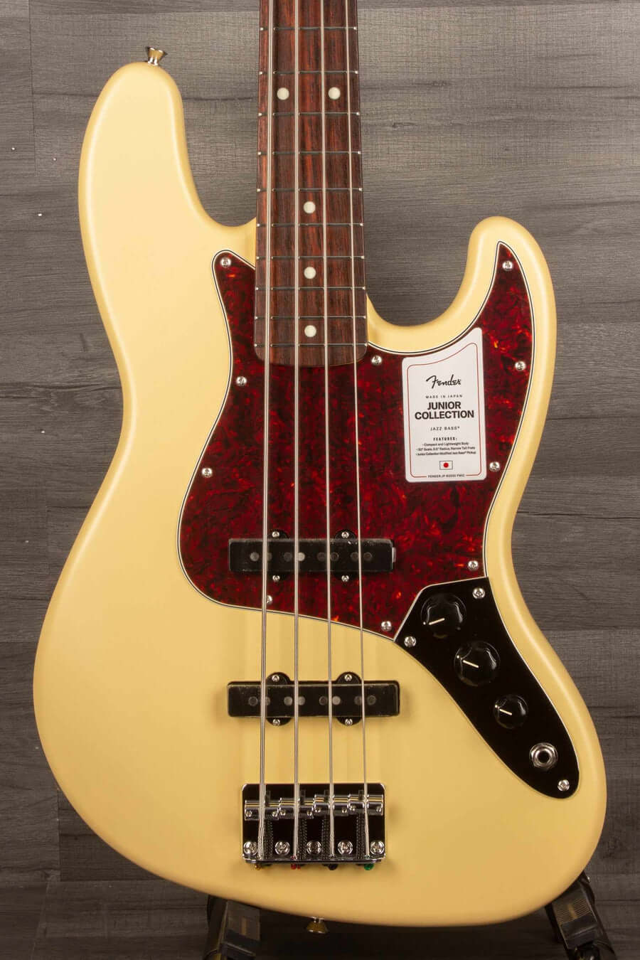Fender Made in Japan Junior Collection Jazz Bass Guitar, Satin Vintage White - Rosewood Fingerboard