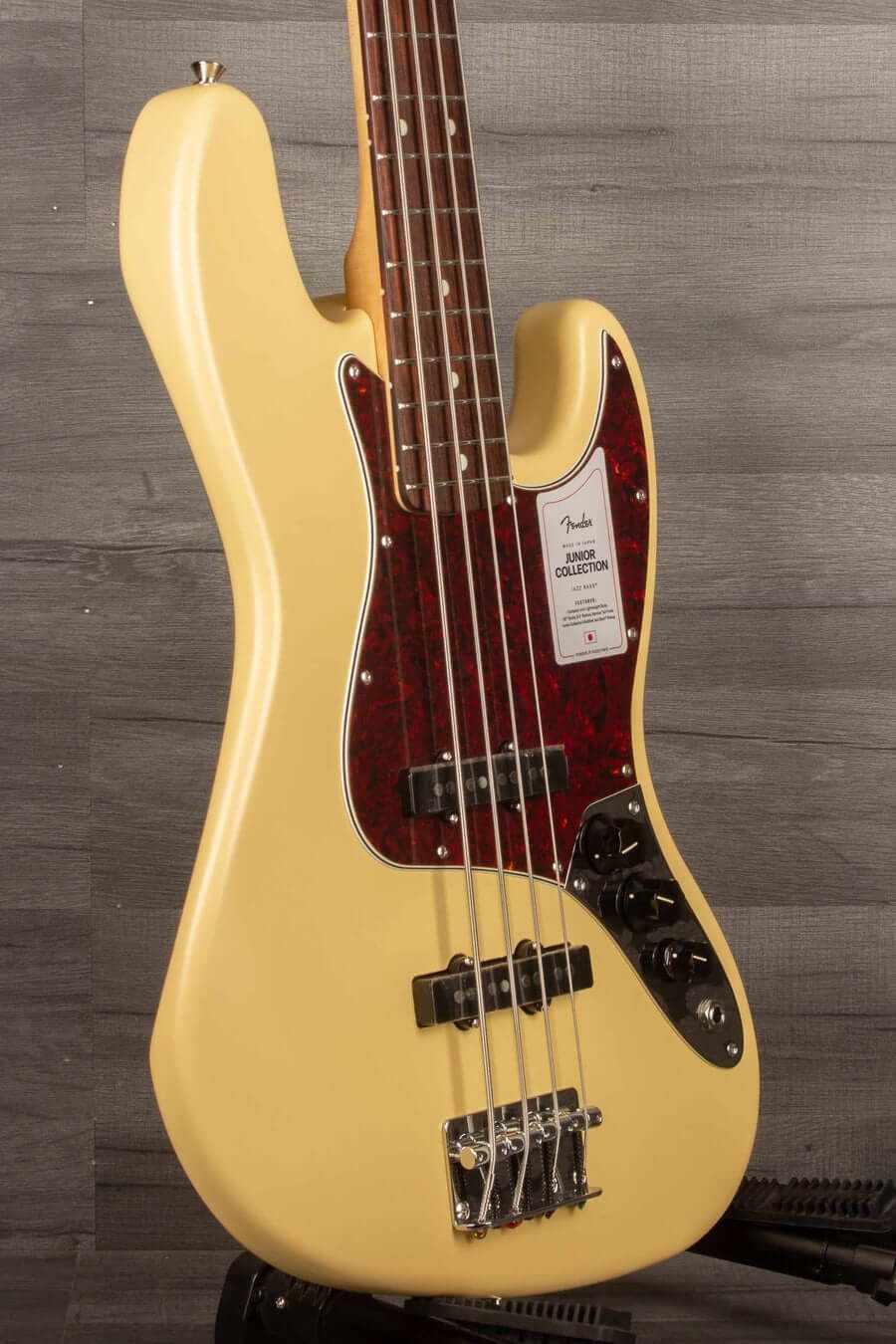 Fender Made in Japan Junior Collection Jazz Bass Guitar, Satin Vintage White - Rosewood Fingerboard