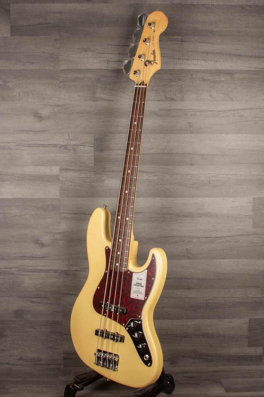 Fender Made in Japan Junior Collection Jazz Bass Guitar, Satin Vintage White - Rosewood Fingerboard