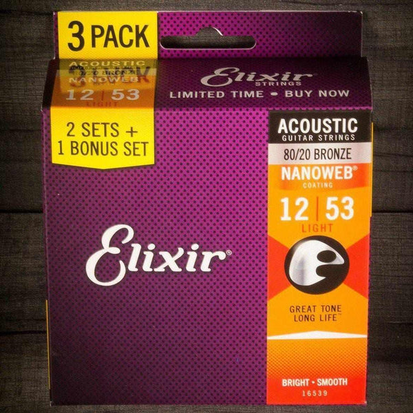 Elixir Acoustic Nanoweb Guitar Strings 3 Pack: 12-53