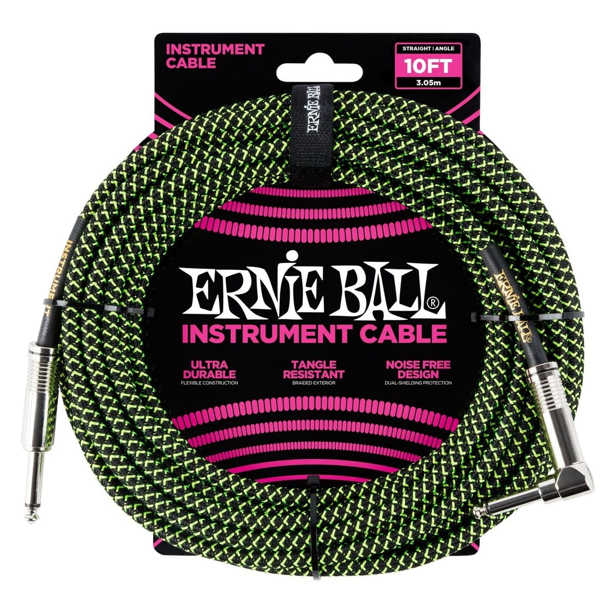Ernie Ball Angled Guitar Cable Black/Green - 10 Ft