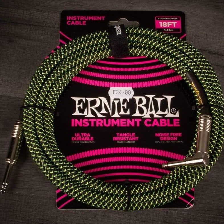 Ernie Ball Accessories Ernie Ball Angled Guitar Cable Black/Green - 18 Ft